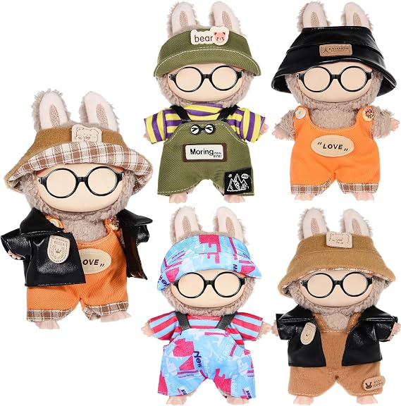 dollbie 4 Sets Kawaii Doll Clothes for 17cm Plush Dolls - Dress Up Clothing Set Replacement Trendy Outfit Collection Fits 6.7 Inch Mini Dolls (No Doll No Glasses)
