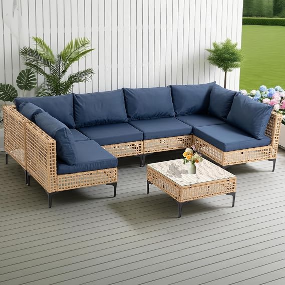 7-Piece Outdoor Wicker Patio Sectional Furniture Set, Blue