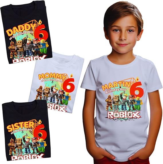 Custom Birthday Family Matching Shirts, Family Personalized Shirts, Robux Characters T-Shirts, Video Games t-Shirt, Blocks Shirt, Camiseta personalizada de Video Juegos White