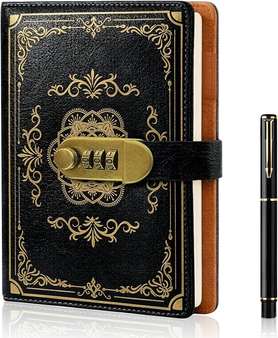 A5 Password Journal with Lock, 200 Pages with Pen and Gift Box Set, PU Leather Lockable Diary Notebook with Vintage Gold Foil Pattern, Ideal for Daily Journaling, Work, School,