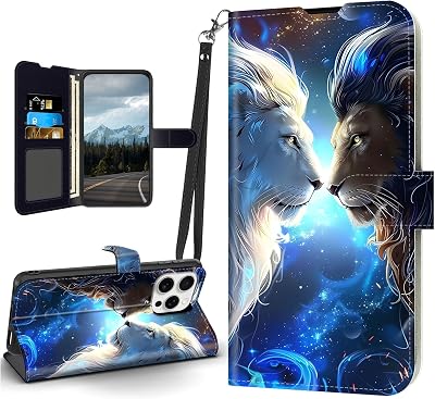 for iPhone 14 Pro Max Case, Flip PU Leather Shockproof Black White Lions Phone Case for iPhone 14 Pro Max, Magnetic Clasp Phone Wallet Kickstand with Card Holder Screen Protector