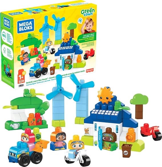 MEGA BLOKS Fisher-Price Toddler Blocks Toy Set, Green Town Build n Learn Eco House with 88 Pieces, 4 Figures, Ages 1+ Years