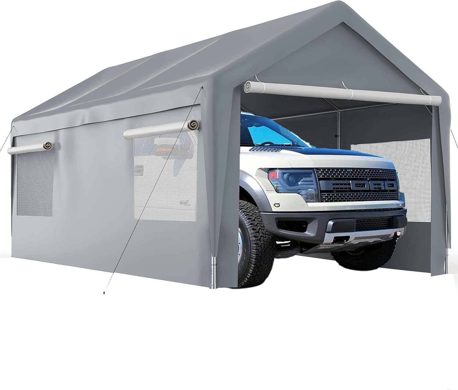 Carport 13x20ft Portable Garage Canopy Heavy Duty Car Port with Mesh Windows and Removable Sidewalls UV Resistant Waterproof All-Season Tarp for SUV, Boat, Truck White