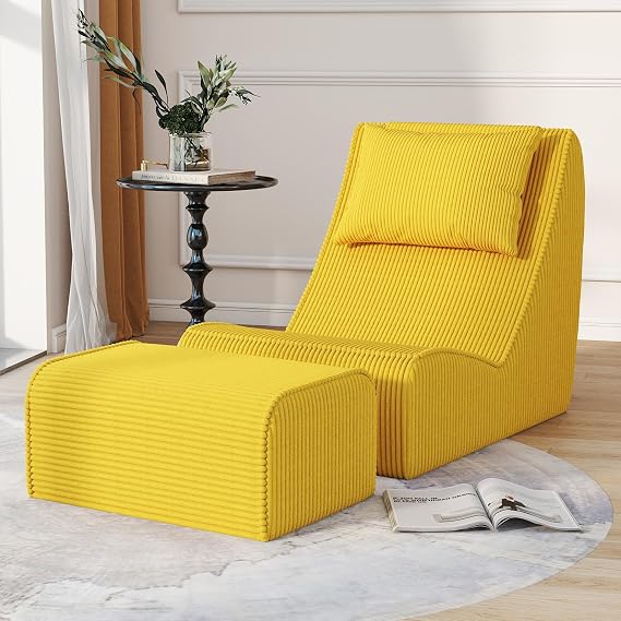 Chaise Lounge Chair with Ottoman,Giant Corduroy Bean Bag Chair for Adults | Roomy Seating Comfort with Supportive Back, Detachable Neck Pillow and Washable Cover for Living Room, Bedroom & Garden