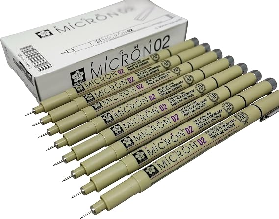 Sakura Pigma Micron drawing pens 02 Black ink, Line Width 0.3mm - 8 pack of Micron 02 black