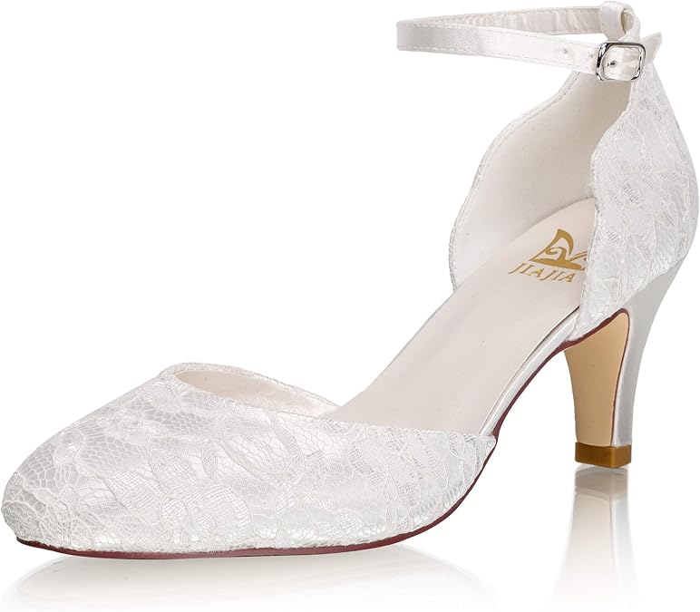 JIAJIA 62373 Women's Memory Foam Bridal Shoes Closed Toe 2.6'' Stiletto Mid Heel Lace Satin Pumps Wedding Shoes