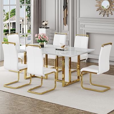 JUFU Dining Table Set for 6,Kitchen Table Chairs Set with Glossy Faux Marble Table Top,67in White Rectangle Dining Room Table Set for 6,7 Piece Kitchen Table and Chairs Set for Kitcken Dining Room