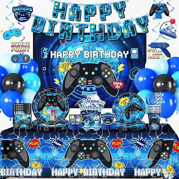 208pcs Video Game Birthday Decorations-Serves 25, All-in-one Gamer Birthday Party Decorations with 300gsm Plate, Tablecloth, Banner, Centerpiece, Cake Topper, Hanging Swirl, Etc