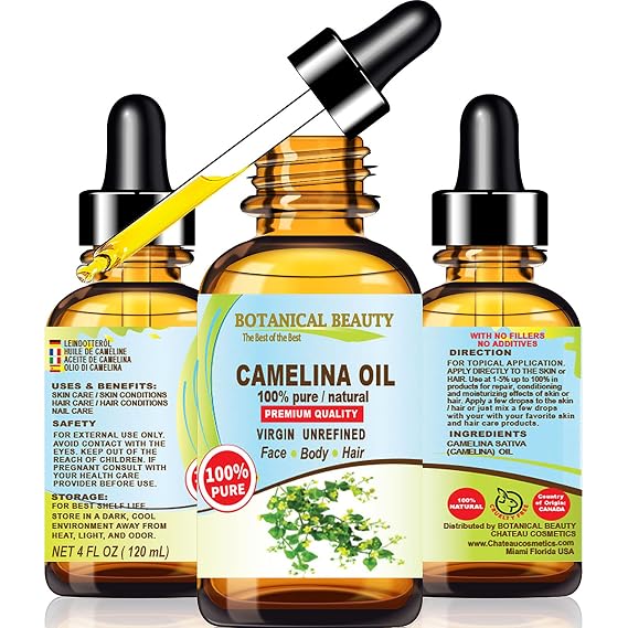 Botanical Beauty CAMELINA OIL 100% Pure Natural VIRGIN UNREFINED Cold-Pressed Carrier Oil 4 Fl oz 120 ml for Face, Skin, Body, Hair, Lip, Nails. Rich in Vitamin E, Omega 3