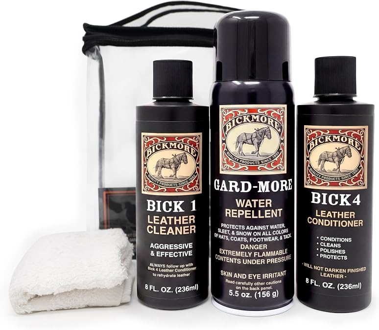 Leather Care Kit, Bick 1 Leather Cleaner, Bick 4 Conditioner, 2 Cloths | For boots, saddles, tack, handbags, jackets, furniture and auto interiors. Won't darken or discolor.