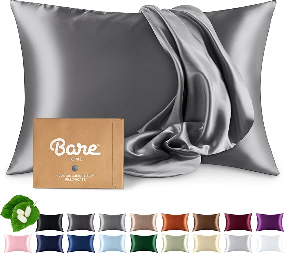 Bare Home 100% Mulberry Silk Pillowcase Envelope (Standard, Grey)