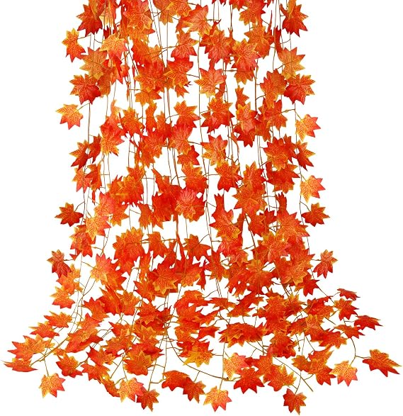 CQURE 12 Pack Fall Leaf Garland, Hanging Vines Garland Artificial Fall Maple Leaves Thanksgiving Decor for Home Wedding Fireplace Party