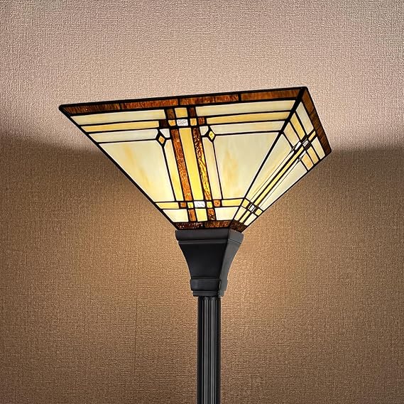 Capulina Tiffany Lamp Stained Glass Torchiere Floor Lamp 69 Inches Tall Industrial Pole Cream Color Mission Tiffany Style Standing Floor Lamp for Home Office Living Room Bedroom