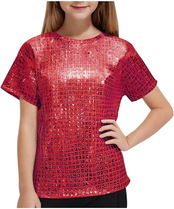 Children Boys Girls Glitter Shiny Metallic T Shirt Short Sleeve Crewneck Tops Jazz Hip Hop Modern Dance Blouse