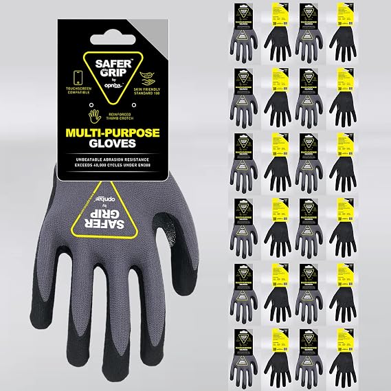 OPNBar Nitrile Coated Gloves with Grip, Touchscreen (12-Pack) Reinforced Thumb Crotch - SAFERGRIP Brand