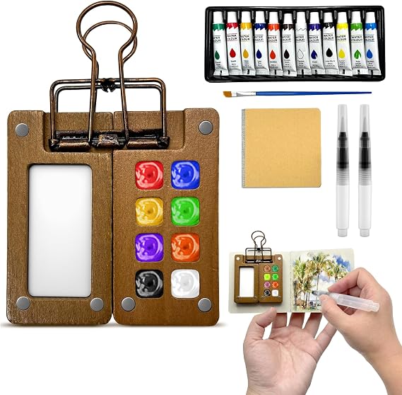 Mini Watercolor Paint Set, Travel Watercolor Set with 12 Colors, Wooden Pocket Palette, Sketchbook, Water Brush and Clip, Mini Art Kit for Outdoor Sketching and Beginners