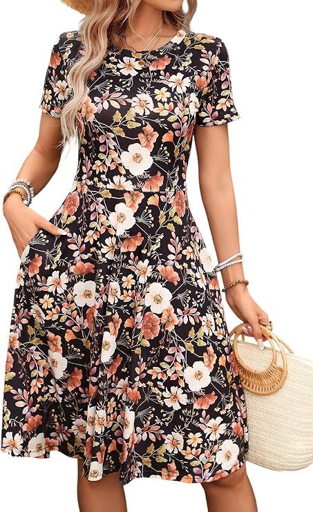 Women's Elegant Vintage Summer Casual Dresses 2026 Floral Print Work Party A-Line Dress with Pockets 262