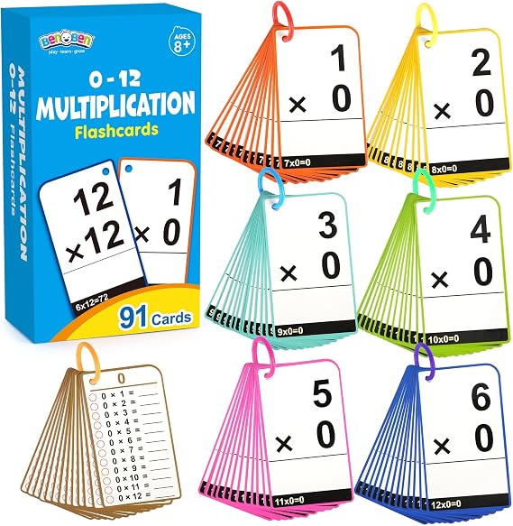 BenBen Multiplication Flash Cards 0-12, 91 Cards, Times Table Flash Cards with Rings, Multiplication Practice for Kids 8-12, 2nd 3rd 4th 5th 6th Grade, Math Flashcards for Homeschool Classroom