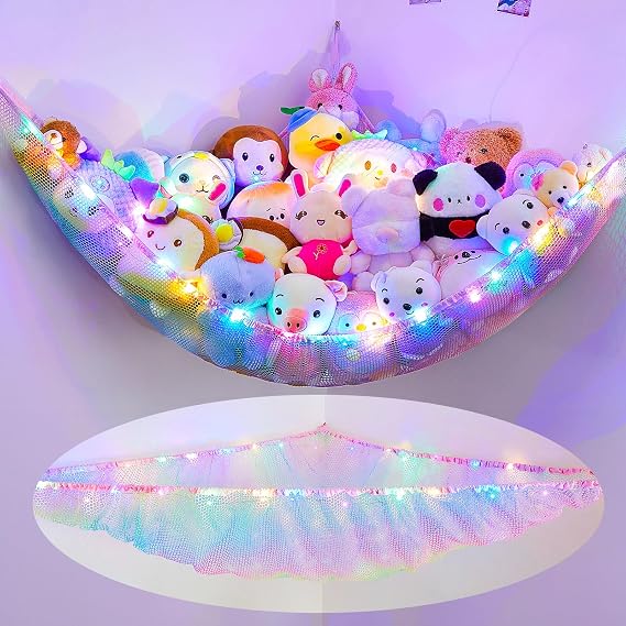 MHJY Toy Hammock for Stuffed Animals Soft Toy Storage Net with LED Light, Cuddly Toys Organizer Holder Large Corner Hanging Net Plush Macrame Kids Bedroom Nursery Furniture Room Decor