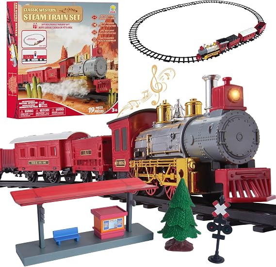 Goldlok Electric Train Set with Light & Sounds, 19 PCS Train Toys for Toddlers 3-5 & Kids 4-8, Locomotive, Passenger Car, 12 Tracks, Indoor Toy, Birthday for Boys and Girls
