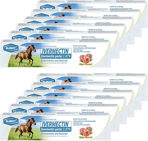 12 Pack Ivermectin Horse Paste 1.87% Apple Flavored Oral Dewormer for Horses