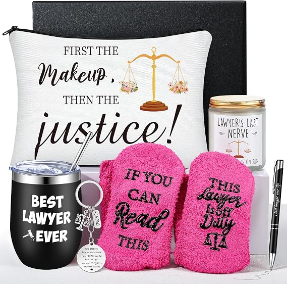 7 Pcs Lawyer Gift Set for Women Attorney Graduation Gifts Includes 12 oz Stainless Steel Tumbler Socks Cosmetic Bag Scented Candle Keychain Pen Gift Box for Law Students Paralegals(Plain)