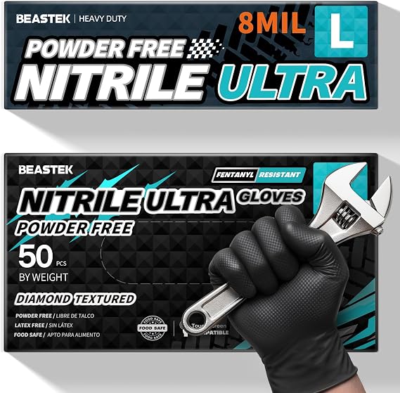 BEASTEK Nitrile Disposable Gloves, 8Mil Latex & Powder Free Chemical Resistant Heavy Duty Food Safe Diamond Glove Black 50Pcs