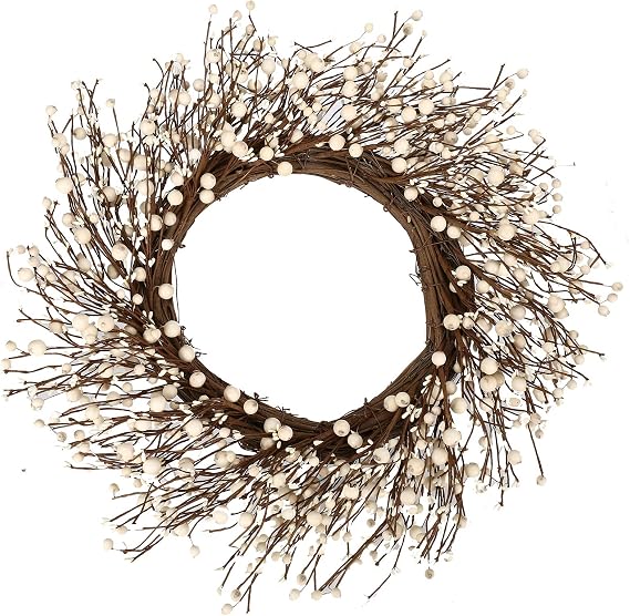 JINGHONG White Berry Wreath 22 Inch Winter Wreath Cream Winter Wreaths for Front Door with Round Berry for Porch Wall Winter Holidays Christmas Celebration