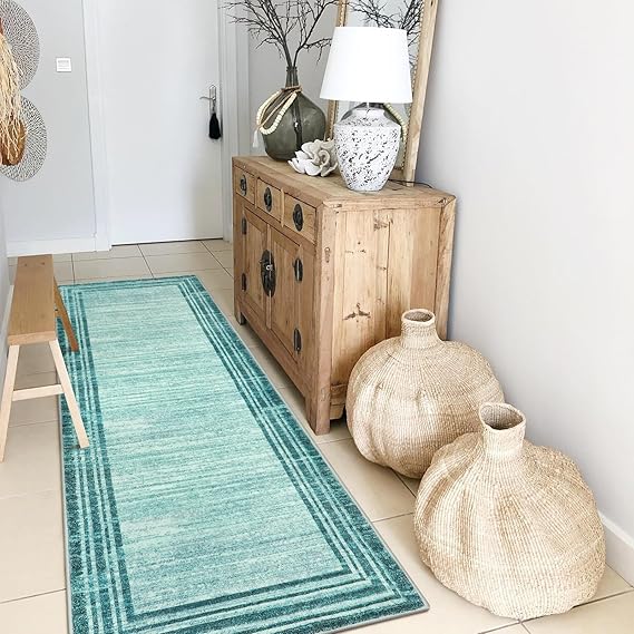 Lahome Amabel Modern Abstract Runner Rug, Washable Teal 2x6 Entryway Rug Runners Non Slip Hallway Runner, Low-Pile Soft Bathroom Runner Rug 6ft Kitchen Carpet Runner for Laundry Bedroom