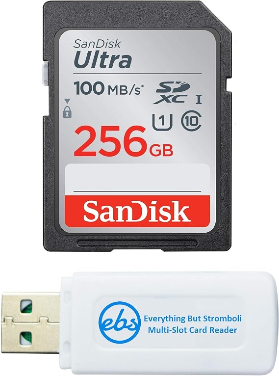 SanDisk 256GB SD Ultra Memory Card for Nikon Camera Works with Coolpix D3500, D7500, D5600, D5200 (SDSDUNR-256G-GN6IN) Bundle with (1) Everything But Stromboli SDXC & Micro Card Reader