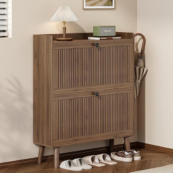 Fluted Narrow Shoe Cabinet Storage for Entryway | Flip Drawers, Slim Shoe Rack Organizer with Adjustable Shelves for Hallway, Closet, Living Room, Light Walnut