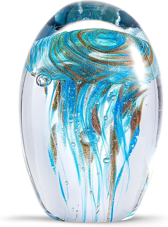 EUSTUMA Hand Blown Glass Jellyfish Figurine Ornament,Sea Animal Ornament for Fish Tank Aquarium,Sea Animals Collection for Birthday Gift,Office Glass Paperweight for Desk.