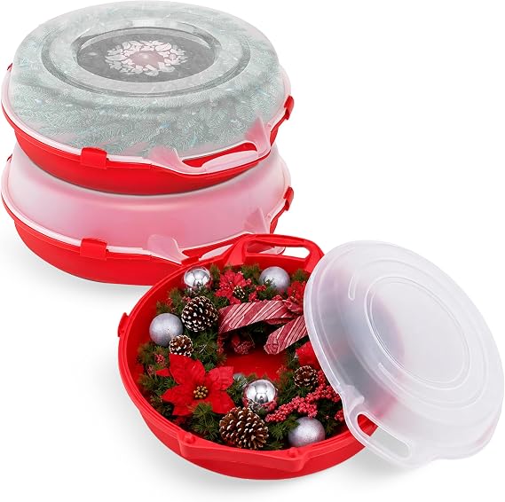 HOMZ Holiday Storage 24" Clear Plastic Wreath Container, Red, 3 Pack | Stackable Seasonal Decoration Organizer Bins with Lids and Handles for Christmas Wreaths and Garlands
