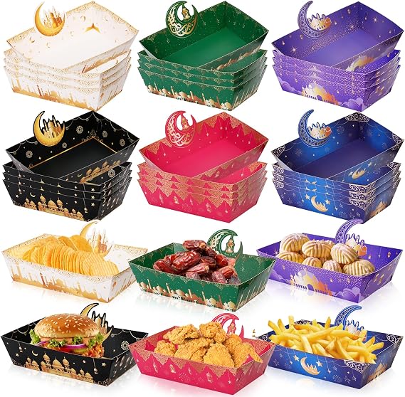 HOWAF 24 Pcs Eid Mubarak Food Trays Party Supplies Eid Party Decorations Paper Food Boats for Muslim Ramadan Party, Eid Food Tray for Chips, Nachos,Candy