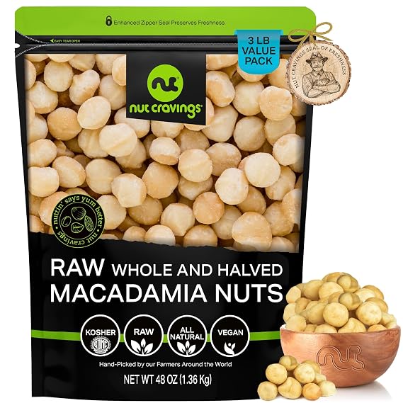 NUT CRAVINGS - Raw Macadamia Nuts (48oz - 3 LB) Unsalted, Shelled, Halved