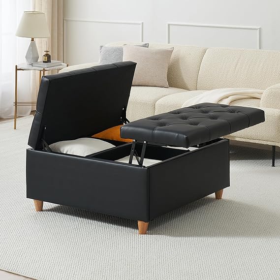 coucheta Ottoman Coffee Table with Lift Top,Faux Leather Fabric Tufted Upholstered Ottoman with Storage, Large Square Storage Ottoman Bench for Bedroom, Living Room(Leather, Black)
