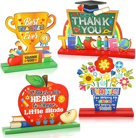 HOWAF 4pcs Teacher Appreciation Table Centerpieces,Thank You Teachers Wooden Sign Teacher Appreciate Gift for Home School Classrooms Desks Decor,End of School Year Gift for Teachers