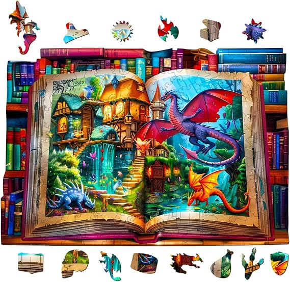 Wooden Puzzles, Colorful Book Dragon Puzzle 240 Pieces, Unique Animal Shaped Wood Challenging Jigsaw Puzzles Gifts for Adults, 13.4x9.2in