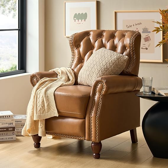 HULALA HOME Genuine Leather Recliner with Button Tufted Design, Camel