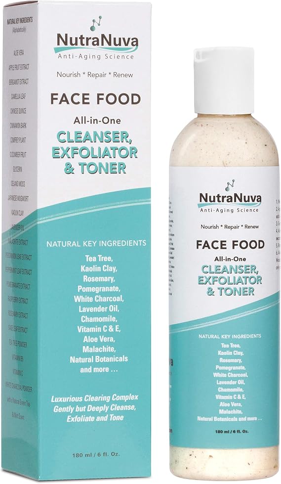 Face Food Cleanser, Exfoliator & Toner All-in-One Clear Skin Natural Vegan Facial Wash, Tea Tree & Clay, Gentle Clean Anti Aging, Not Drying/Oily, Restore pH, Fight Acne, 6 Oz