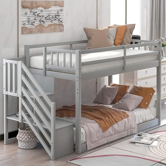 Flieks Bunk Bed with Storage Staircase, Twin Size Bunk Bed for Kids, Teens, No Box Spring Needed (Gray)