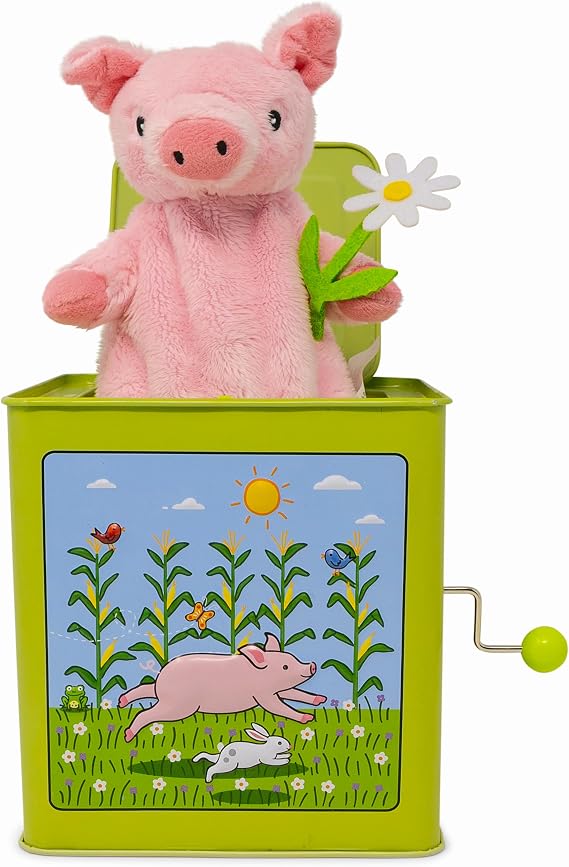 Jack Rabbit Creations Poppy Pig Jack in the Box - Musical Pop-Up - Ages 3+ | Sturdy Tin Construction, Plush Character, 5 x 7 x 6 in, 1.3 lb, Tabletop