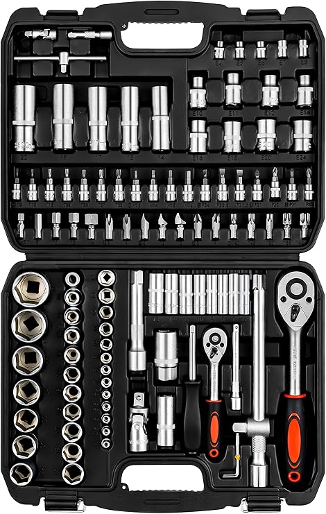 XHTT Mechanics Tools Kit,108-Piece 1/4"&1/2 Metric And Standard Socket Set,Ratchet Set,Quick Release Reversible Ratchet Wrench,Universal Joint,Extension Bars.