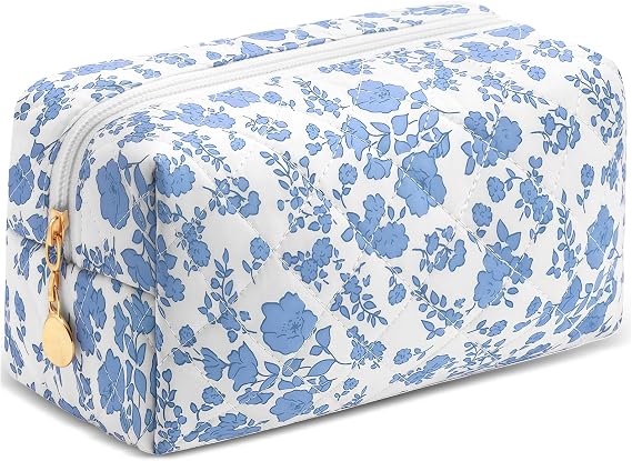 Small Makeup Bag Quilted Cosmetic Bag Floral Travel Toiletry Bags for Women Cute Pencil Case Quilted Makeup Pouch Aesthetic Coquette Cosmetic Pouch Cotton Make Up Bags Cute Zipper Pouches Blue