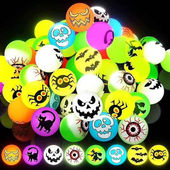 72 Pcs Glow in The Dark Bouncing Balls - 8 Halloween Theme Bouncy Balls for Halloween Party Favor Supplies School Classroom Game Rewards/Prizes, Trick or Treating Goodie,  with a Pouch Bag
