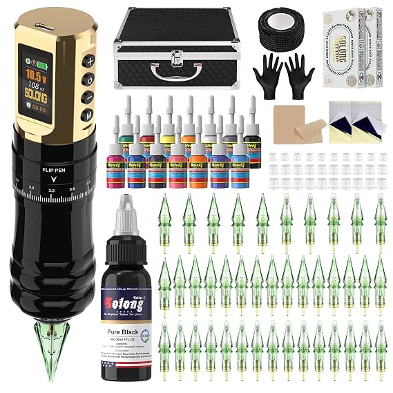 Gold Wireless Rotary Tattoo Pen Kit,7Level Adjustable Strokes,1800mAh Battery Cordless Tattoo Supplies for Beginners & Artists
