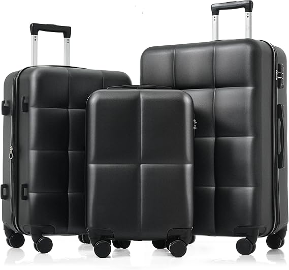 3 Piece Hard Shell Luggage Sets, Lightweight ABS Hardside Travel Suitcase with Cup Holder Spinner Wheels Hooks TSA Lock, 20/24/28 Inch (Black)