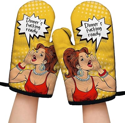 Dinners Fxxking Ready Funny Yellow Oven Mitts with Hanging Loop and Silicone Non-Slip, Housewife Baking Cooking Kitchen Utensils 2-Piece Set, Gifts for Chef Hostess Mom Wife Aunt Sister