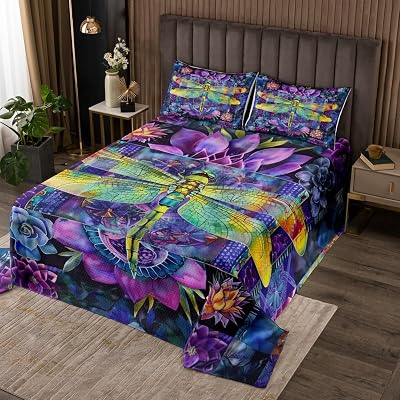 Erosebridal Wildflowers Lotus Bedspread Set Twin Size,Ombre Dragonfly Coverlet Set for Boys Girls,Bohemian Magical Butterflies Bedding Set