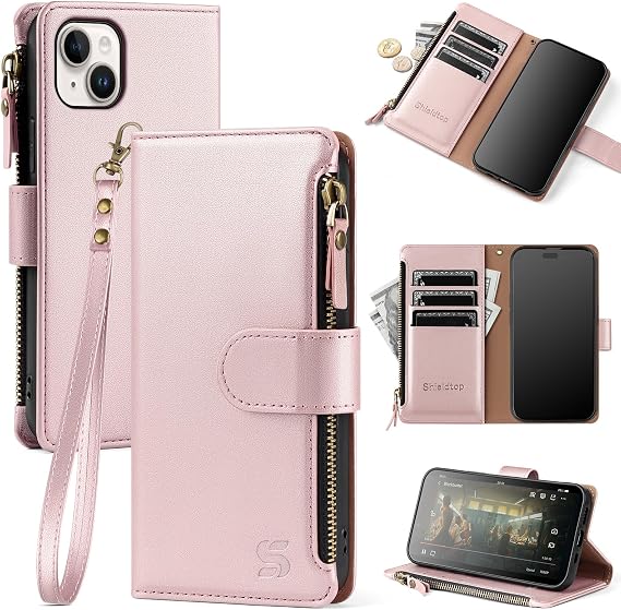 Shieldtop for iPhone 15 Plus Wallet Case with Card Holder,Rose Gold